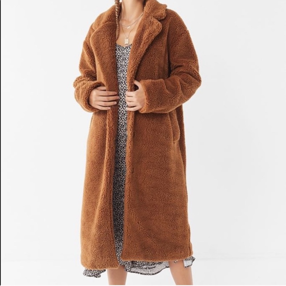 NWOT Urban Outfitters Cognac Brown long teddy coat - Picture 10 of 16